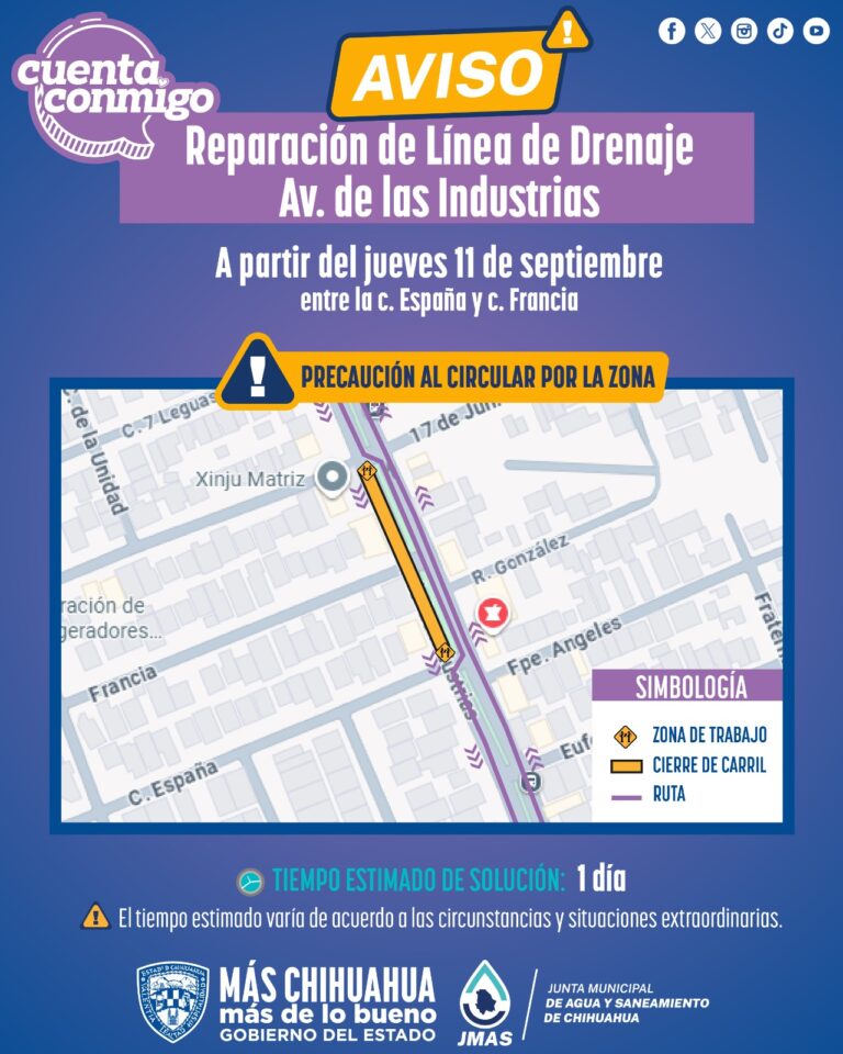 Reparará JMAS Chihuahua líneas de drenaje en la avenida De las Industrias