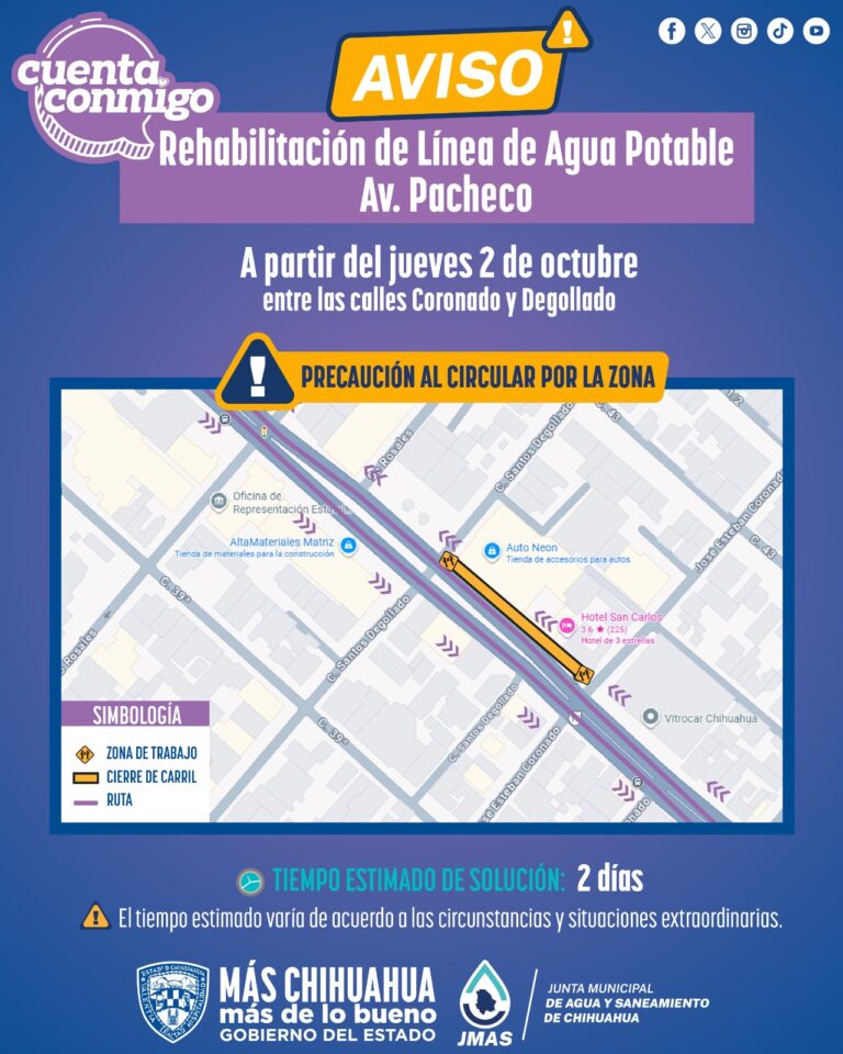 Rehabilitará JMAS Chihuahua red de agua potable en avenida Pacheco