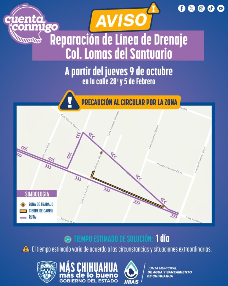 Realizará JMAS Chihuahua reparaciones en línea de drenaje dañada en Lomas del Santuario