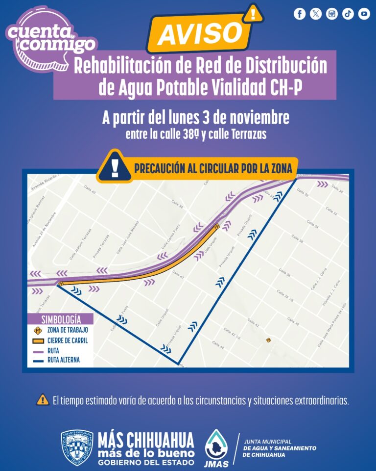 Realizará JMAS Chihuahua reposición de línea hidráulica en la vialidad Ch-P