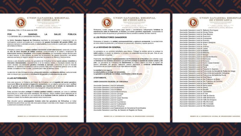 Exige Unión Ganadera en comunicado reforzar acciones sanitarias ante riesgo del gusano barrenador