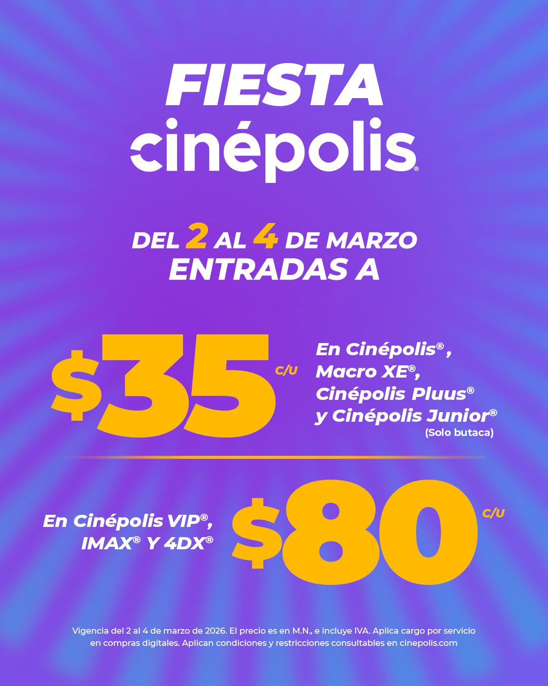Estos son los precios de la Fiesta Cinépolis 2026. Foto: Cortesía.