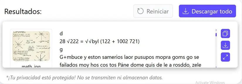 Aquí puedes ver que Imagenatexto.io extrajo el texto con ecuaciones matemáticas. Esta función demuestra que Imagenatexto.io es la mejor herramienta para extraer texto de una imagen.