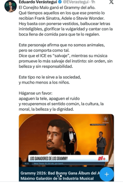 Eduardo Verástegui criticó el triunfo de Bad Bunny en los Grammy 2026