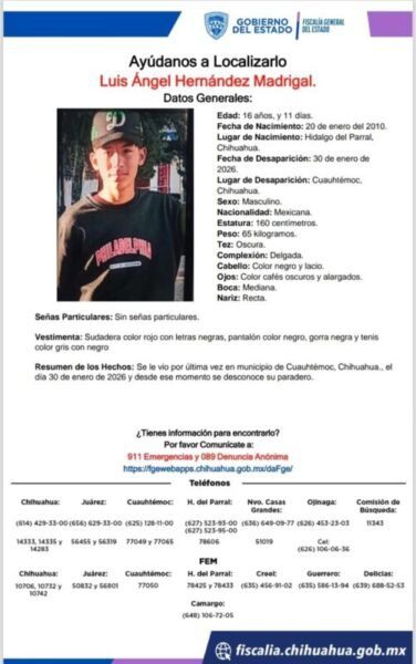 Buscan a menor reportado como desaparecido en Cuauhtémoc