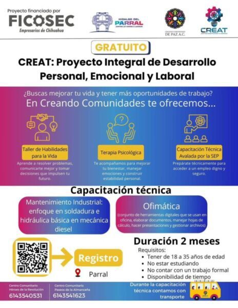 Abren convocatoria del programa CREAT para impulsar desarrollo emocional y empleabilidad juvenil en Parral