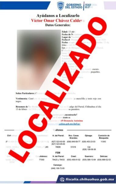 Localiza FGE Zona Sur a menor reportado ausente en Parral