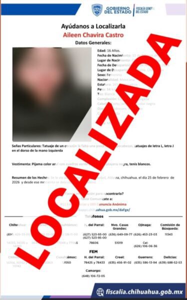 Localizan sana y salva a menor reportada ausente en Aldama