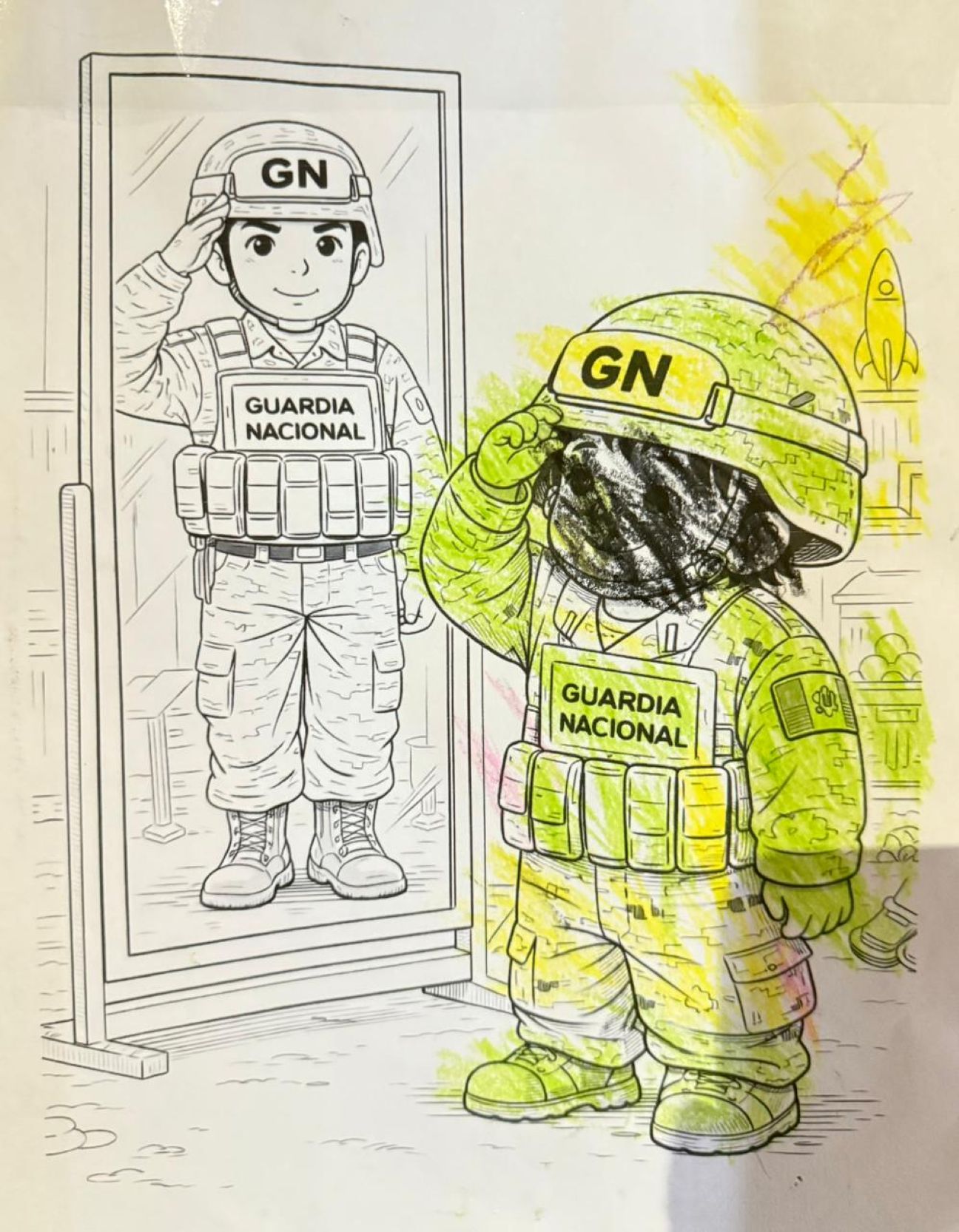 Colorean dibujos en honor de la Guardia Nacional. Foto: Cortesía