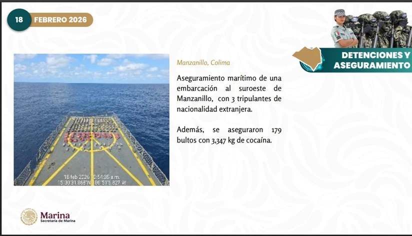 Aseguramiento marítimo de una embarcación al suroeste de Manzanillo, con 3 tripulantes de nacionalidad extranjera.