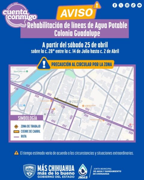 Continuará JMAS Chihuahua rehabilitación de línea de agua potable en la calle 28ª este fin de semana