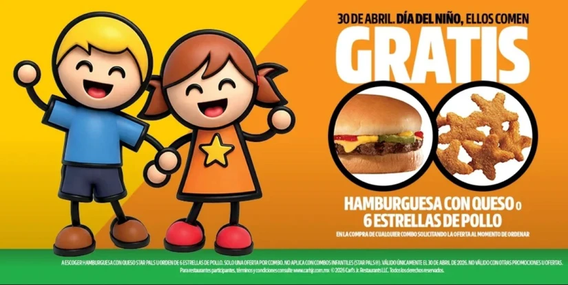Promoción de hamburguesas gratis en Carl’s Jr. por el Día del Niño 2026. Foto: Cortesía