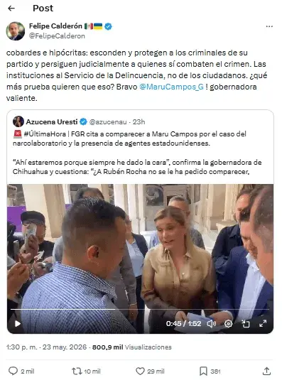 Felipe Calderón estalla contra la FGR por citatorio a Maru Campos y acusa persecución política