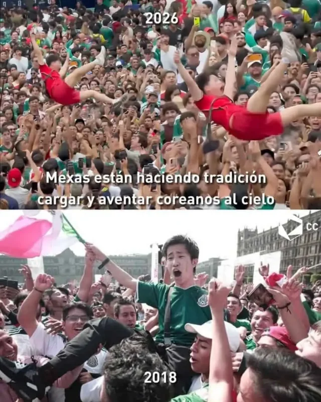 Mexicanos lanzan al aire a un coreano durante los festejos del Tri en Guadalajara