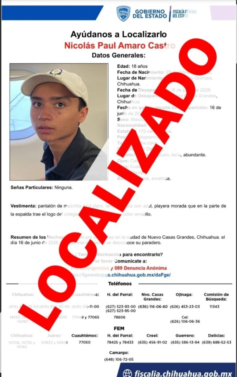 Localizan en Ciudad Juárez a joven reportado como ausente en Nuevo Casas Grandes
