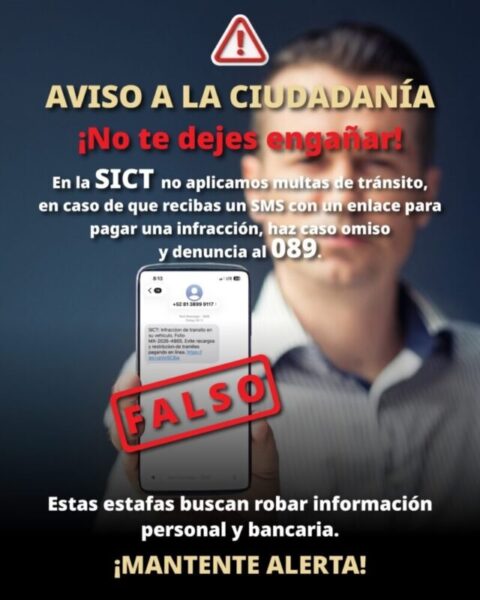 Alerta SICT sobre mensajes falsos de infracciones