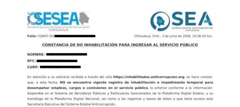 A partir del 4 de junio, la Secretaría Ejecutiva Anticorrupción emitirá las constancias de no inhabilitación en Chihuahua