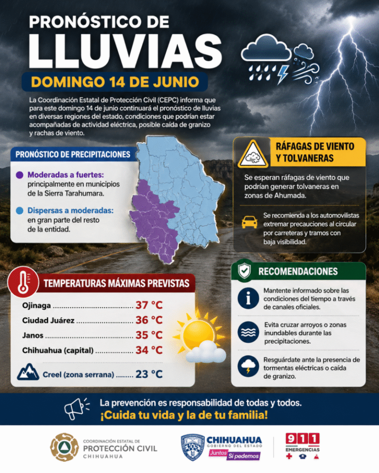 Prevén lluvias, tormentas eléctricas y calor para este domingo en Chihuahua