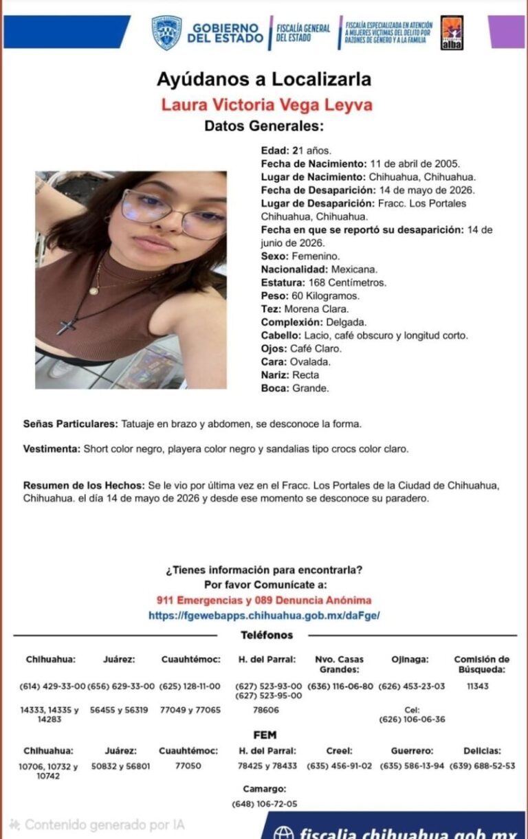 Solicitan apoyo para localizar a joven desaparecida en Chihuahua