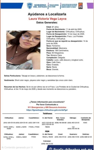Solicitan apoyo para localizar a joven desaparecida en Chihuahua